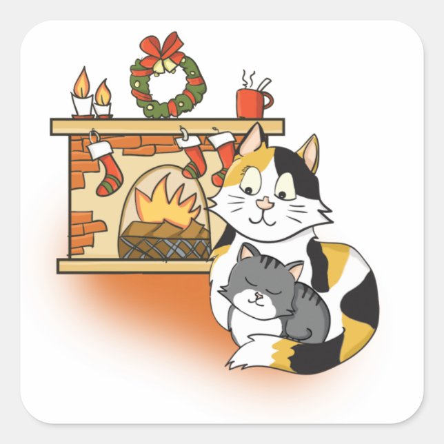 Cute Mother cat and Kitten Christmas Fireplace Square Sticker (Front)