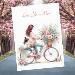 Cute Mother Child Bike Watercolor Mother's Day Holiday Card