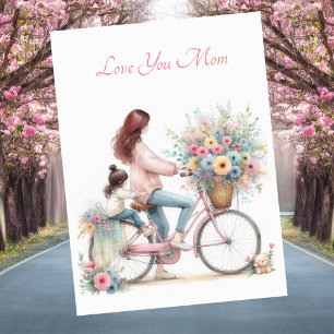 Cute Mother Child Bike Watercolor Mother's Day Holiday Card