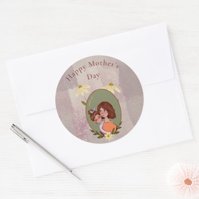 Cute Mother & Child Illustration Mother's Day  Classic Round Sticker (Envelope)