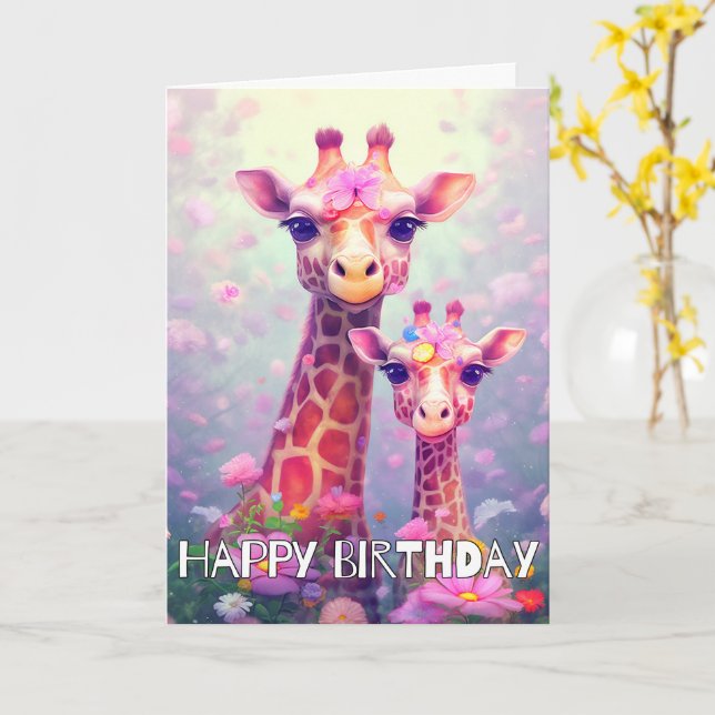 Cute Mother & Daughter Giraffe | Happy Birthday Card (Yellow Flower)
