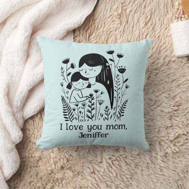 Cute Mother & Daughter Hugging Mother's Day Blue Cushion (Blanket)