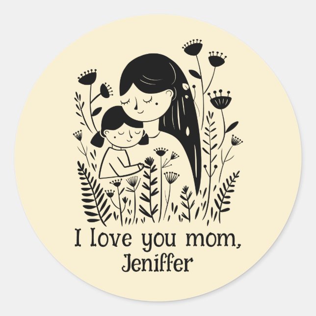 Cute Mother & Daughter Hugging Mother's Day Yellow Classic Round Sticker (Front)