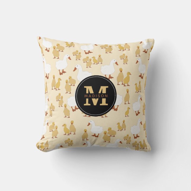 Cute Mother Duck & Baby Duckling Pattern Monogram Cushion (Front)