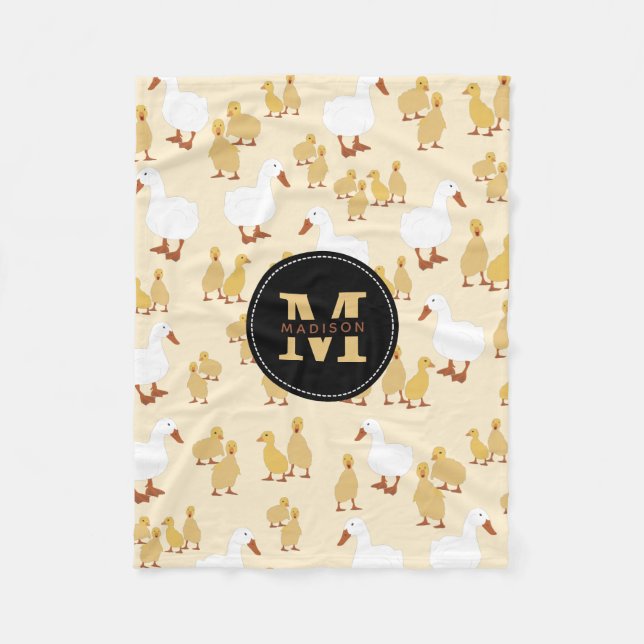 Cute Mother Duck & Baby Duckling Pattern Monogram Fleece Blanket (Front)