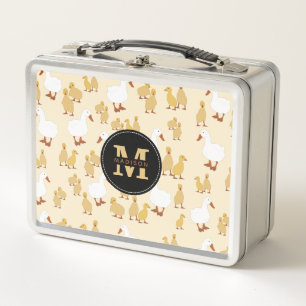 Cute Mother Duck & Baby Duckling Pattern Monogram Metal Lunch Box