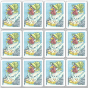 CUTE MOTHER HEN IN BONNET HOLDING EGGS & CHICKS