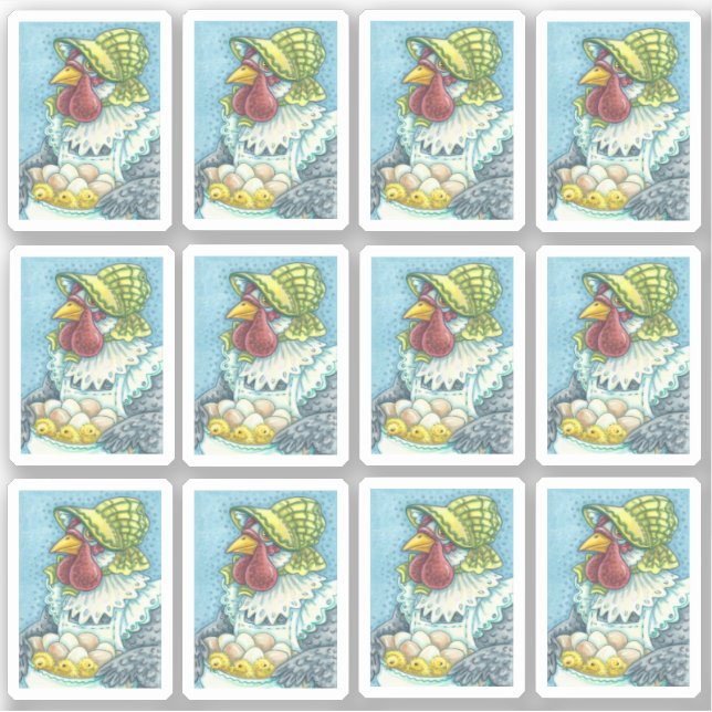 CUTE MOTHER HEN IN BONNET HOLDING EGGS & CHICKS (Front)