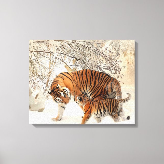 Cute Mother Tiger with Baby in Snow Canvas Print (Front)