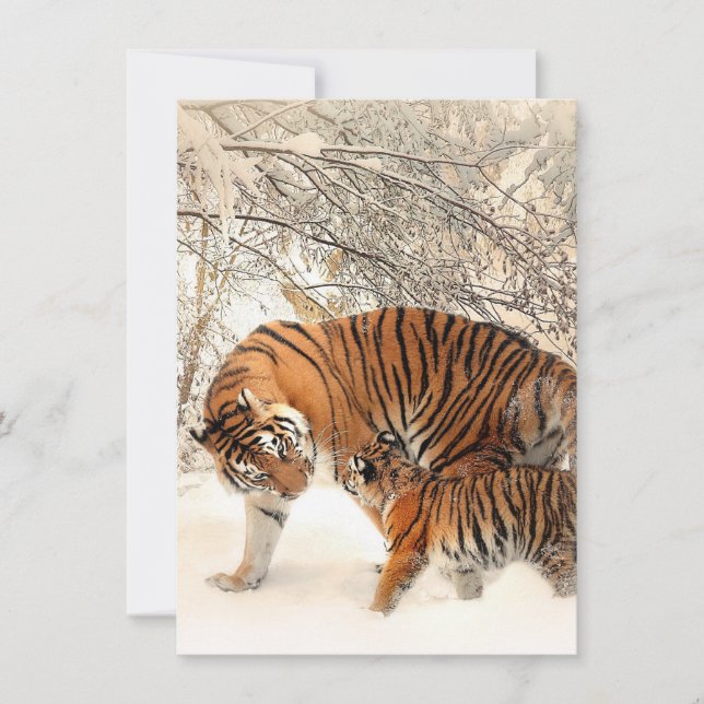 Cute Mother Tiger with Baby in Snow Thank You Card (Front)
