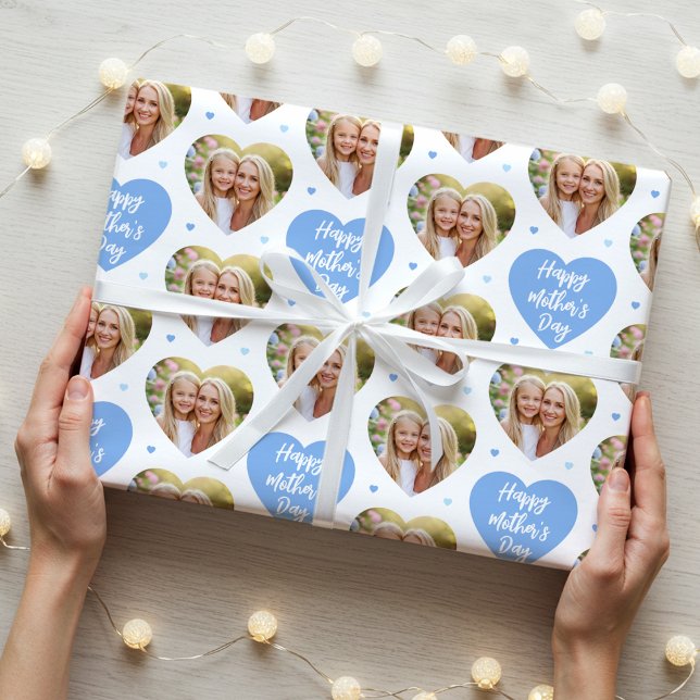 Cute Mother's Day 6 Photo Mum Love Hearts Blue Wrapping Paper (Creator Uploaded)