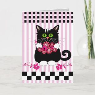 Cute Mother's day card with cat offering flowers
