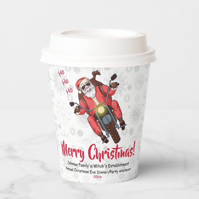 Cute Motorcycle Biker Santa Snowflakes Paper Cup (Front)