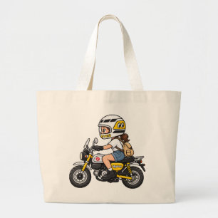 Cute Motorcycle Girl – Yellow Mini Bike Cartoon De Large Tote Bag