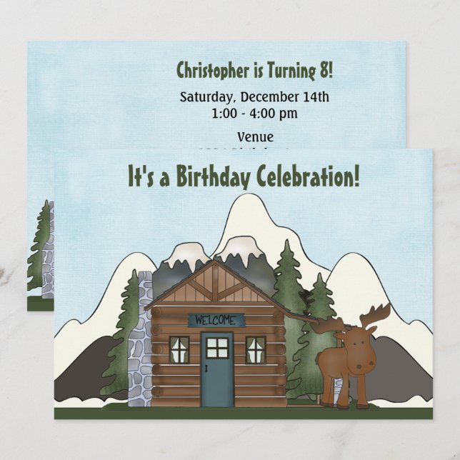 Cute Mountain Cabin and Moose Birthday Invites (Front/Back)