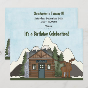 Cute Mountain Cabin and Moose Birthday Invites