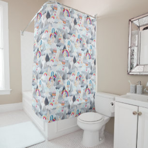 Cute Mountain Landscape Hot Air Balloon Kids Shower Curtain
