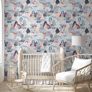 Cute Mountain Landscape Hot Air Balloon Nursery Wallpaper
