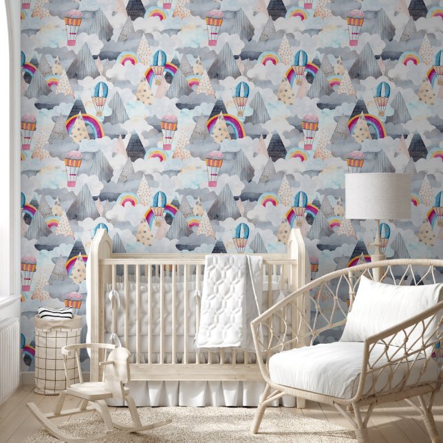 Cute Mountain Landscape Hot Air Balloon Nursery Wallpaper (Kids)