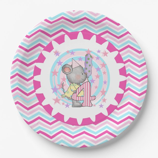 Cute Mouse 4th Birthday Paper Plates (Front)