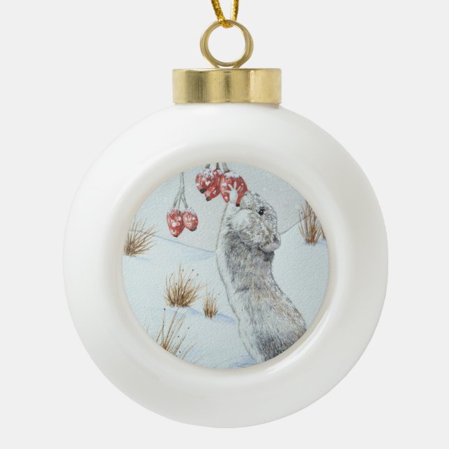 Cute mouse and red berries snow scene wildlife art ceramic ball christmas ornament (Front)