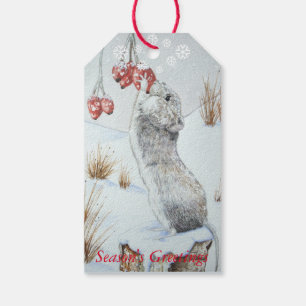 Cute mouse and red berries snow scene wildlife art gift tags