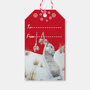 Cute mouse and red berries snow scene wildlife art gift tags