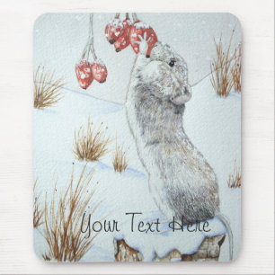 Cute mouse and red berries snow scene wildlife art mouse mat