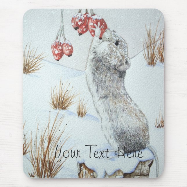 Cute mouse and red berries snow scene wildlife art mouse mat (Front)