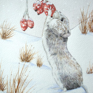 Cute mouse and red berries snow scene wildlife art napkin