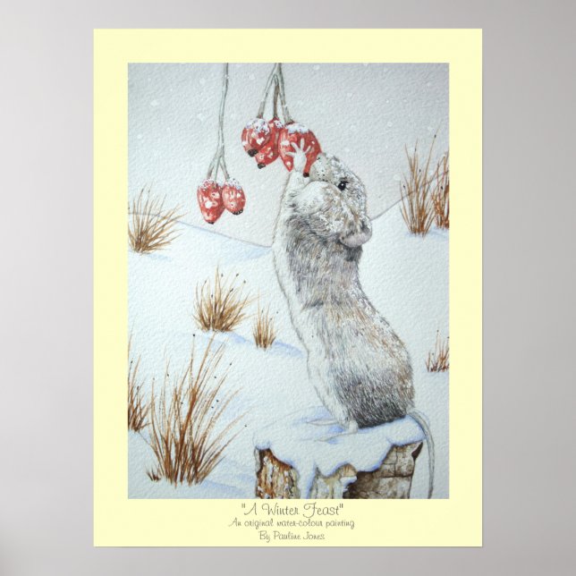 Cute mouse and red berries snow scene wildlife art poster (Front)