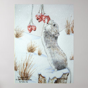 Cute mouse and red berries snow scene wildlife art poster