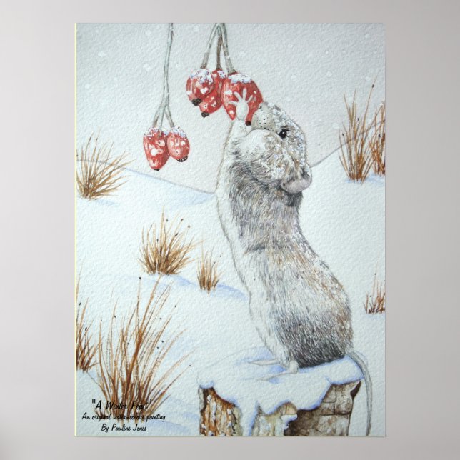 Cute mouse and red berries snow scene wildlife art poster (Front)