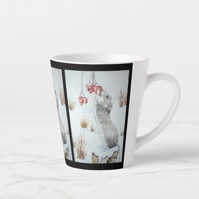 Cute mouse and red berries snow scene wildlife latte mug (Right)