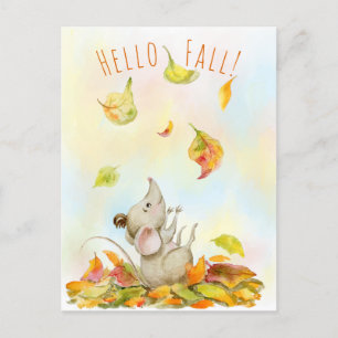 Cute Mouse and Yellow-orange Falling Leaves  Postcard