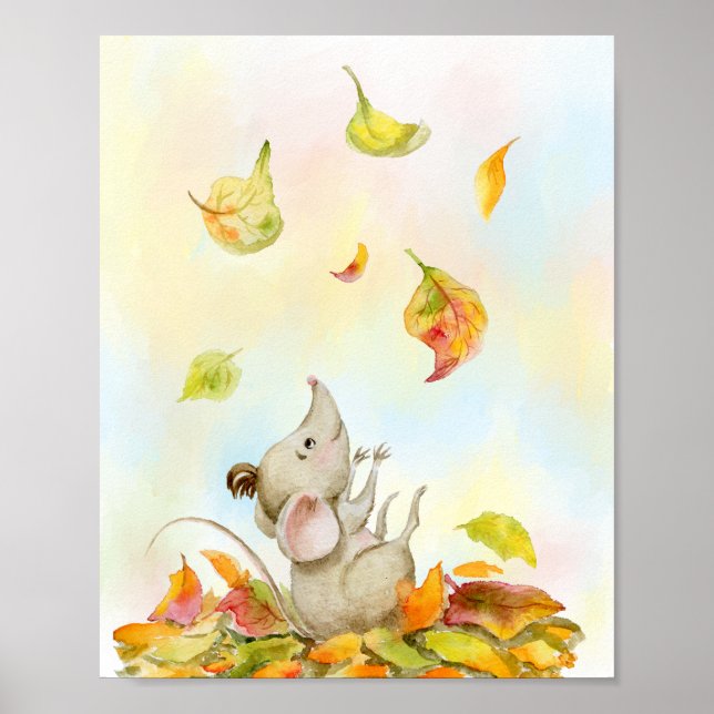 Cute mouse and yellow-orange falling leaves poster (Front)