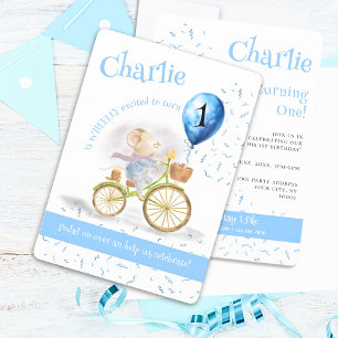 Cute Mouse Animal Bicycle Boy 1st Birthday Party Invitation