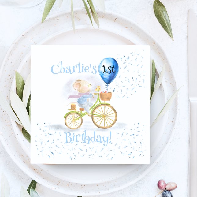 Cute Mouse Animal Bicycle Boy 1st Birthday Party Napkin (Cute Mouse Animal Riding Vintage Bicycle & 1st Birthday Party Balloon, party napkins & serviettes)