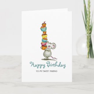 Cute Mouse Birthday Cards with cupcakes for friend