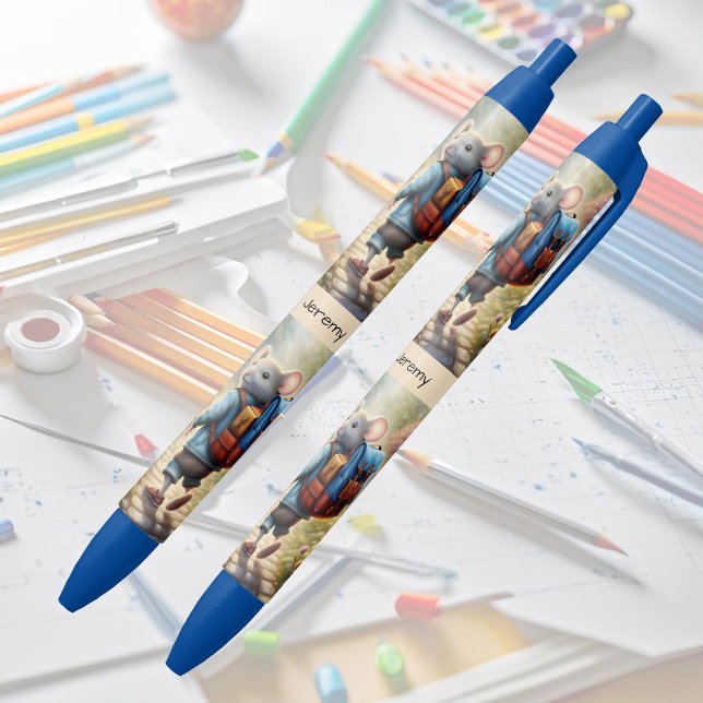 Cute mouse boy on his way to school,personalised  black ink pen (Creator Uploaded)