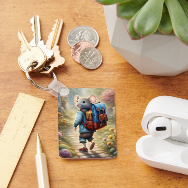 Cute mouse boy on his way to school, personalised  key ring (Desk)