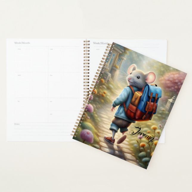Cute mouse boy on his way to school,personalised  planner (Display)