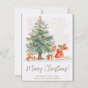 Cute Mouse by Christmas Tree and Gifts Card