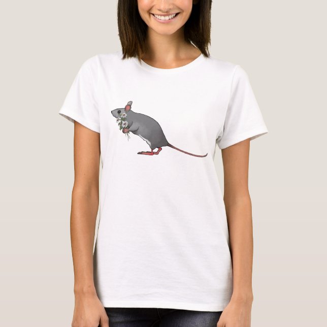 Cute Mouse Carrying Bouquet of Daisies T-Shirt (Front)