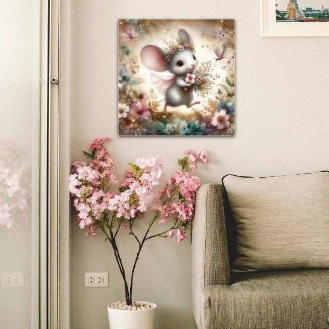 Cute Mouse Carrying Flowers Watercolor Glitter Poster (Creator Uploaded)