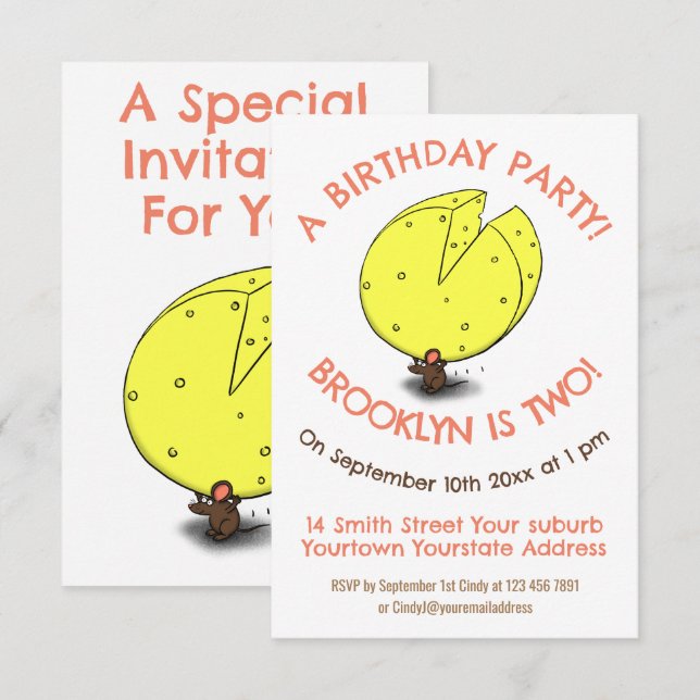 Cute mouse cheese birthday cartoon invitation (Front/Back)