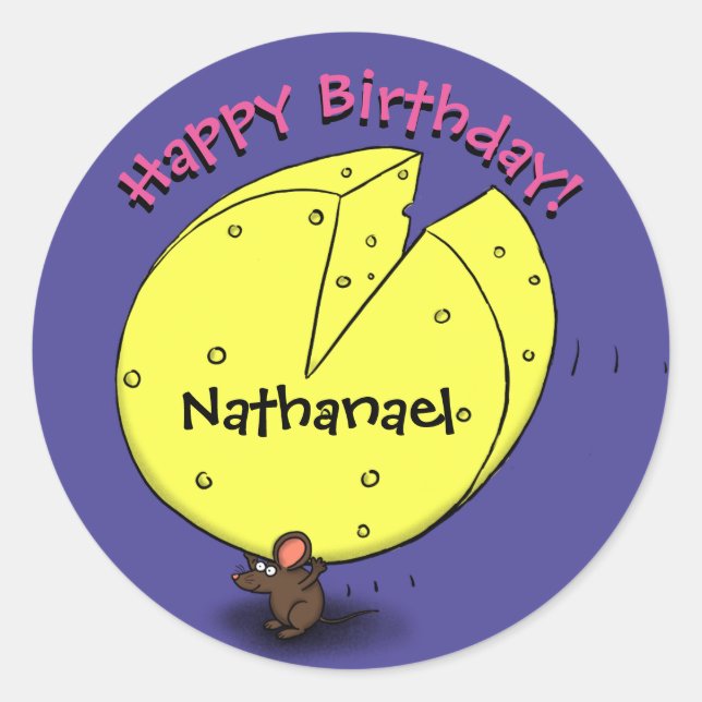 Cute mouse cheese personalised cartoon birthday classic round sticker (Front)