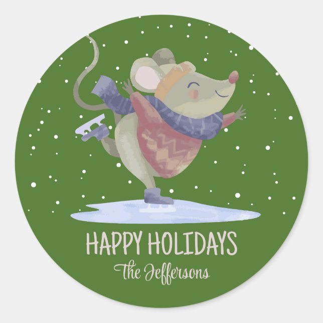 Cute Mouse Christmas Animal Snowy Winter Holiday Classic Round Sticker (Front)