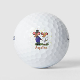 Cute mouse couple cartoon illustration golf balls