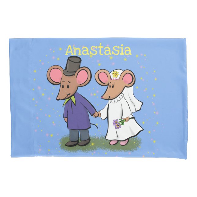 Cute mouse couple cartoon illustration pillowcase (Front)